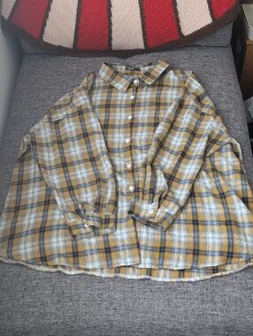 Shein Curve Mustard & Blue Plaid Shirt